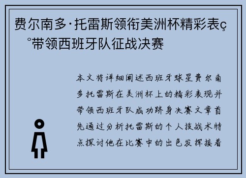 费尔南多·托雷斯领衔美洲杯精彩表现带领西班牙队征战决赛 费尔南多·托雷斯领衔美洲杯精彩表现带领西班牙队征战决赛