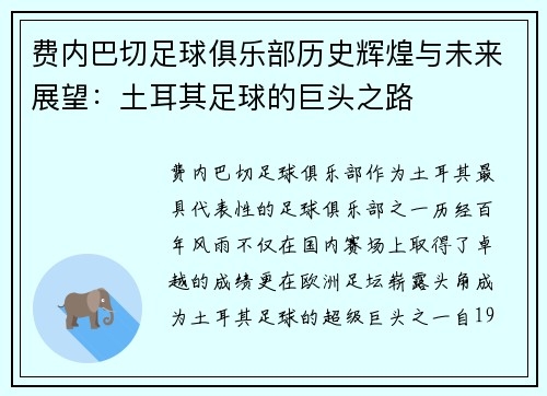 费内巴切足球俱乐部历史辉煌与未来展望：土耳其足球的巨头之路