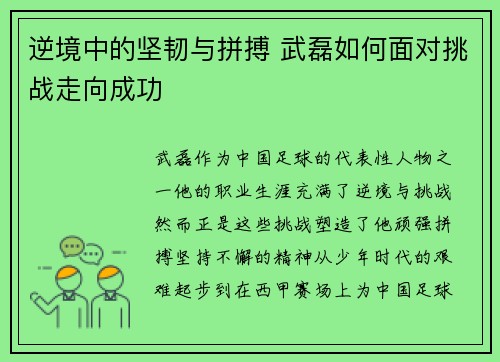逆境中的坚韧与拼搏 武磊如何面对挑战走向成功