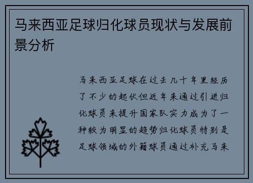 马来西亚足球归化球员现状与发展前景分析 马来西亚足球归化球员现状与发展前景分析